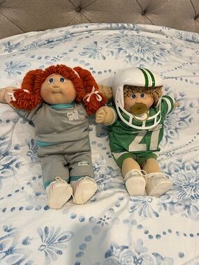 Redhead Cabbage Patch Style Doll and Green Football Baby Doll Set( 2 dolls )